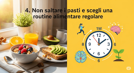 Non saltare i pasti e scegli una routine alimentare regolare Non saltare i pasti e scegli una routine alimentare regolare